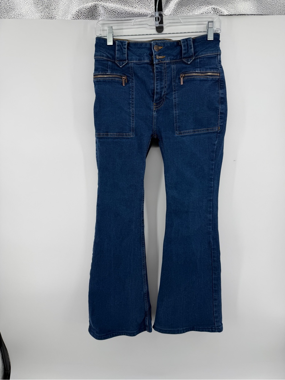 FP Layla Boho Y2K Whimsical Steampunk Rocker Dark Blue Flare Jeans Sz28